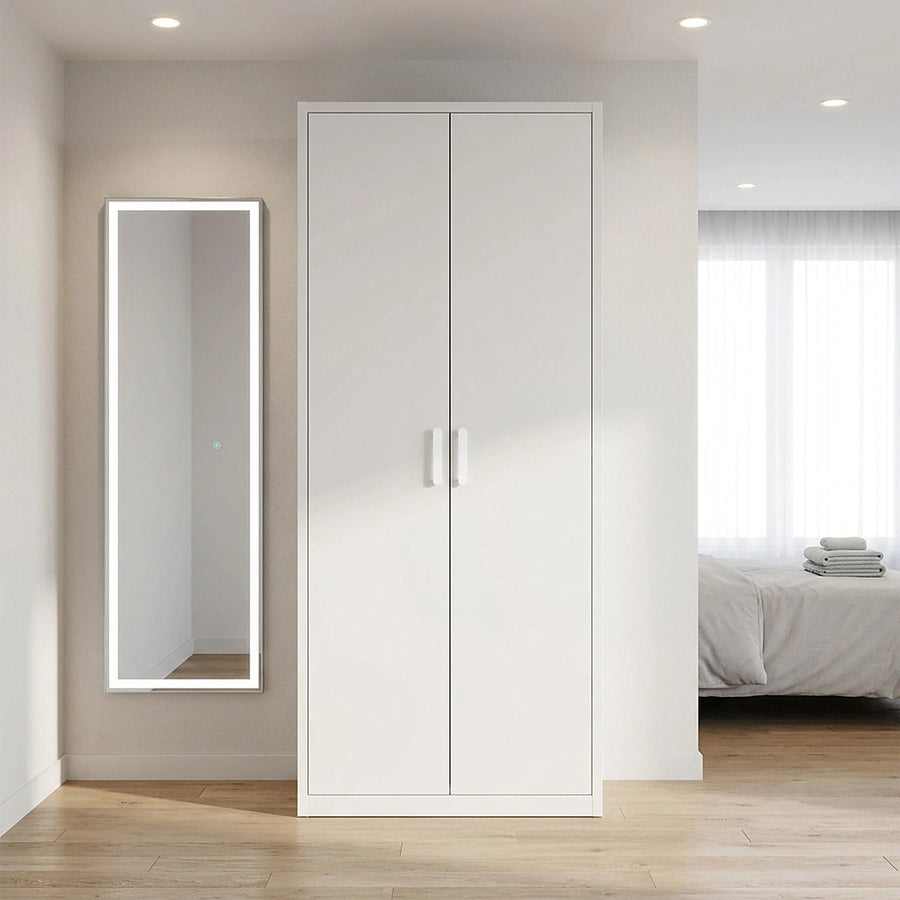 80x200cm 2-Door White Steel Hanging Wardrobe with White Handle Storage Cabinet