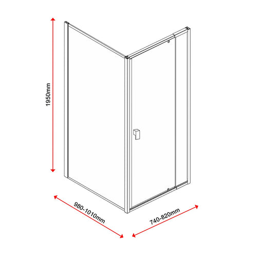 Adjustable Semi Frameless Shower Screen Front: (74~82)x195cm with Gold Hardware and Side: (98~101)x195cm