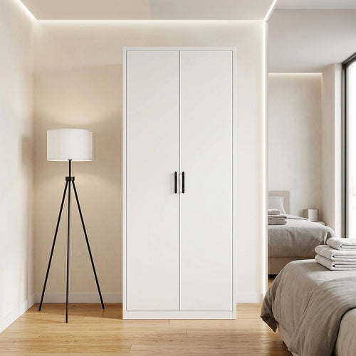 80x200cm 2-Door White Steel Hanging Wardrobe with Black Handle Storage Cabinet