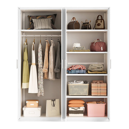 160x200cm 4-Door White Steel Hanging and Shelf Wardrobe with White Handle Storage Cabinet