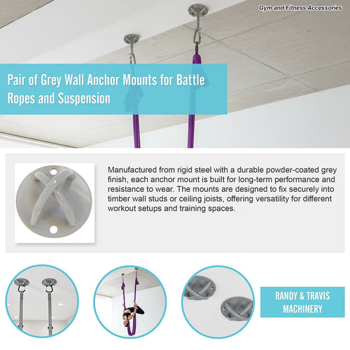 Pair of Grey Wall Anchor Mounts for Battle Ropes, Suspension Training & Gym Use