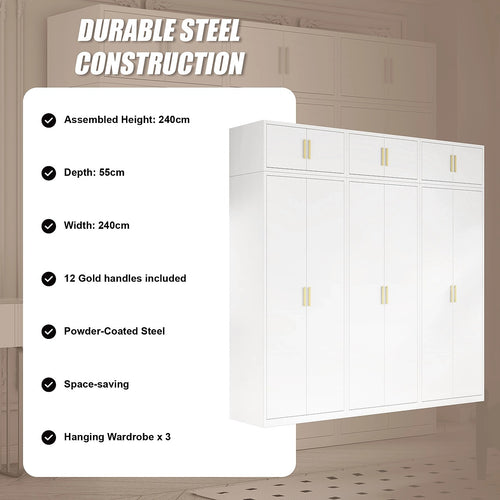 240x240cm 6-Door White Steel Hanging Wardrobe with Gold Handle Storage Cabinet