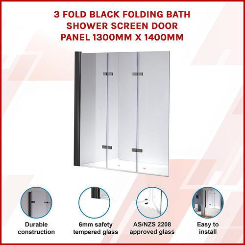 3 Fold Black Folding Bath Shower Screen Door Panel - 130 x 140cm