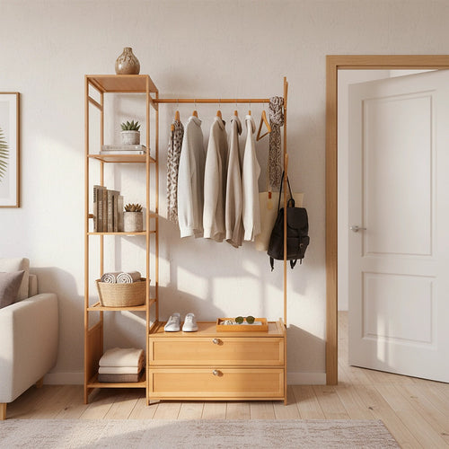 165x100cm Bamboo Clothes Rack Stand with Storage Shelves – Freestanding Garment Organiser in Wood