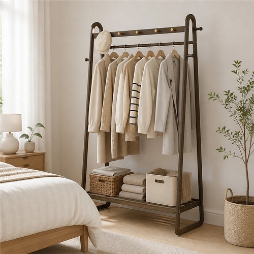 Dark Wood Slim Clothes Rack 160x100cm Space Saving Floor Stand
