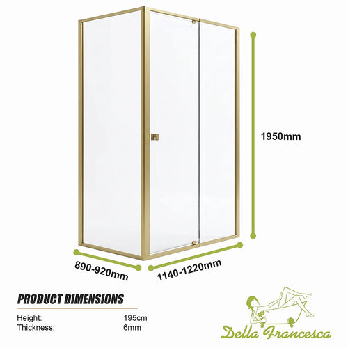 Adjustable Semi Frameless Shower Screen Front: (114~122)x195cm with Gold Hardware and Side: (89~92)x195cm
