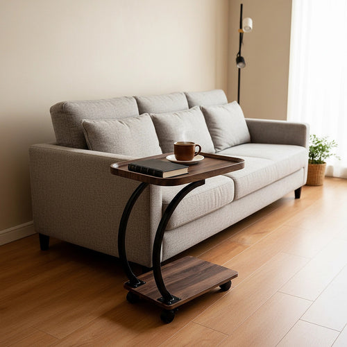 C-Shaped Corner End Table with Wheels Sofa Side Table