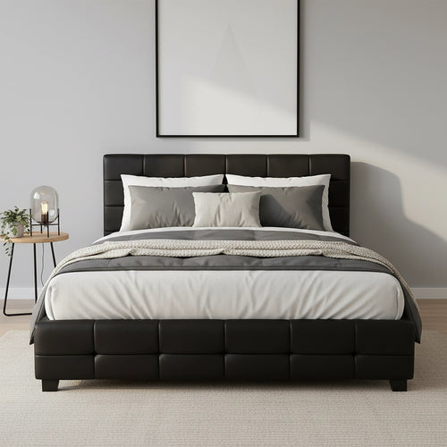 Queen Deluxe Black PU Leather Upholstered Bed Frame with Headboard & Slats