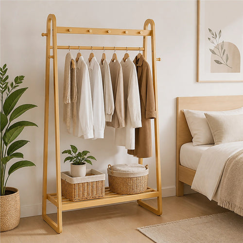 Wood Slim Clothes Rack 160x100cm Space Saving Floor Stand