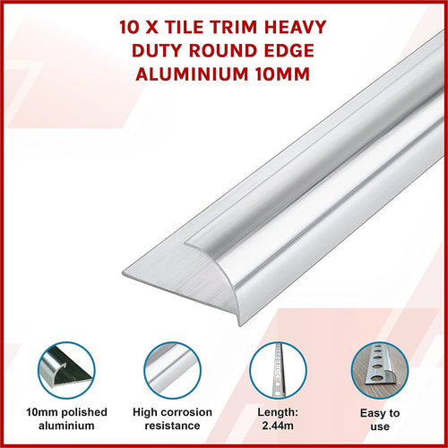 10 x Tile Trim Heavy Duty Round Edge Polished Aluminium  10mm 