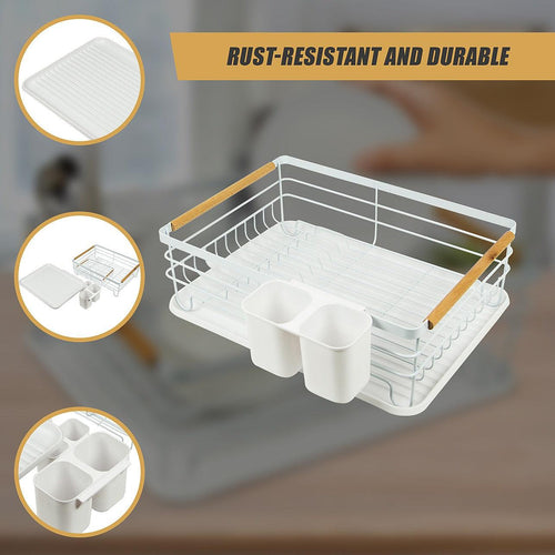 Metal Dish Drying Rack Drainboard Holder Tray Kitchen Plates Cutlery Wood Handle