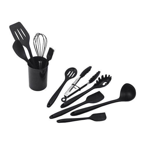 Silicone Kitchen Utensil Set – Black 11-Piece Set with Holder