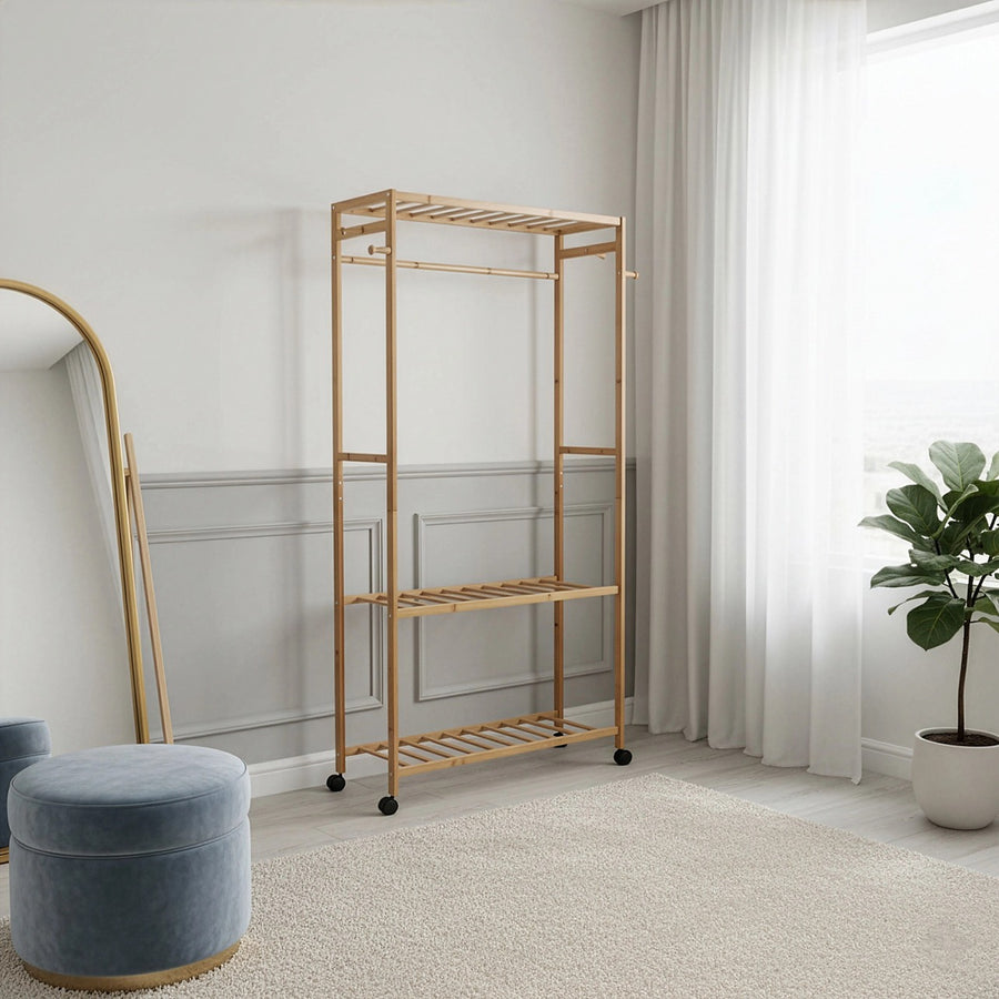 Heavy Duty Wooden Clothes Rail with Shelves & Wheels – Open Wardrobe Rack Stand