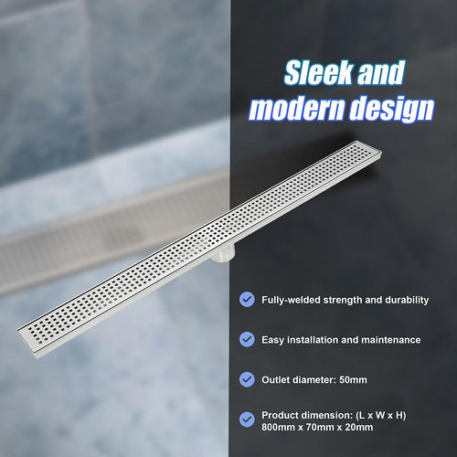 80cm Bathroom Shower Stainless Steel Grate Drain w/ Centre outlet Floor Waste