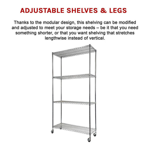 Modular Wire Storage Shelf 900 x 350 x 1800mm Steel Shelving - Carbon Chrome Plated with Wheels