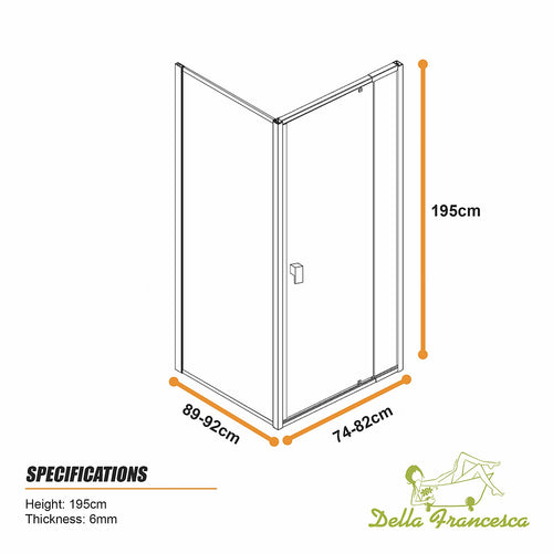 Semi-Frameless Shower Screen – Gunmetal, Front: (74~82)x195cm, Side: (89~92)x195cm