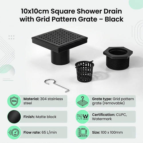 10 x 10cm Square Shower Drain with Grid Pattern Grate – Matte Black Stainless Steel