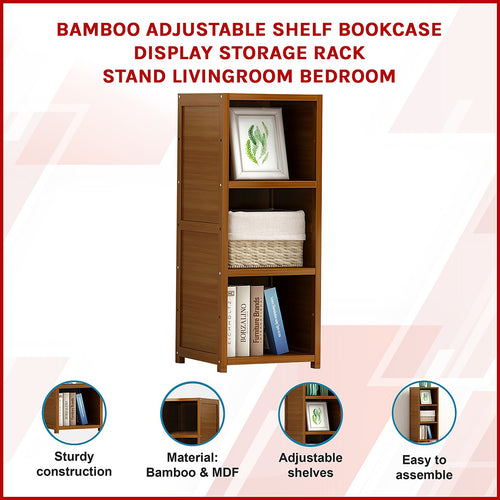 Bamboo Adjustable 3-Shelf Bookcase – Display Storage Rack Stand for Living Room, Bedroom or Home Décor