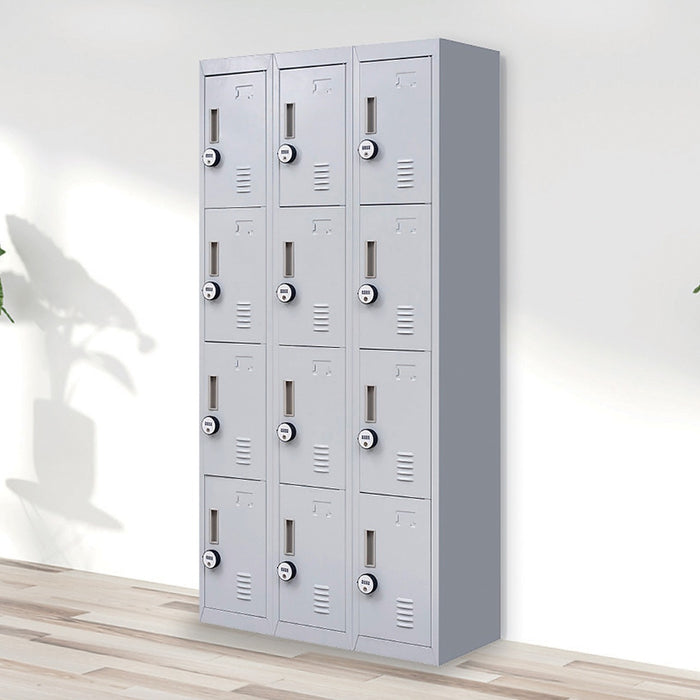 Grey 12-Door Locker for Office Gym Shed School Home Storage - 4-Digit Combination Lock