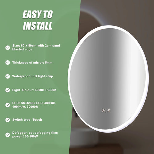 Oval Mirror LED Anti-Fog  Illuminated Bathroom Living Room