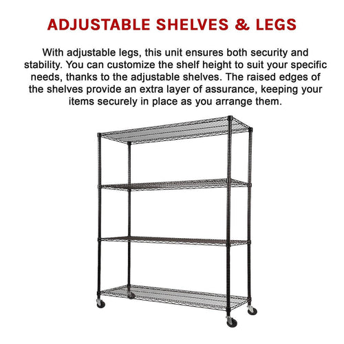 Modular Wire Storage Shelf 1500 x 600 x 1800mm Steel Shelving - Baking Black Technology with Wheels