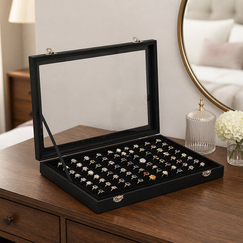 Jewellery Display Box with Glass Lid – 100 Slot Ring Storage