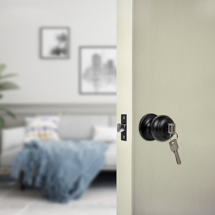 Door Handle Set Lever Key Lock Function Round Black