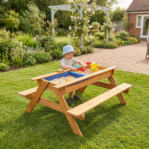Sand & Water Wooden Picnic Table – Outdoor Play Activity Table for Kids with Bench Seating