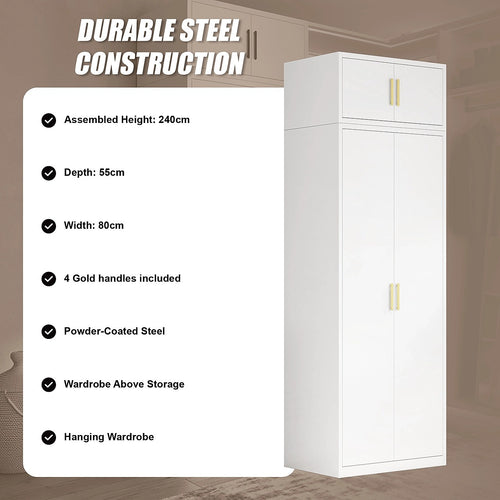 80x240cm 2-Door White Steel Hanging Wardrobe with Gold Handle Storage Cabinet