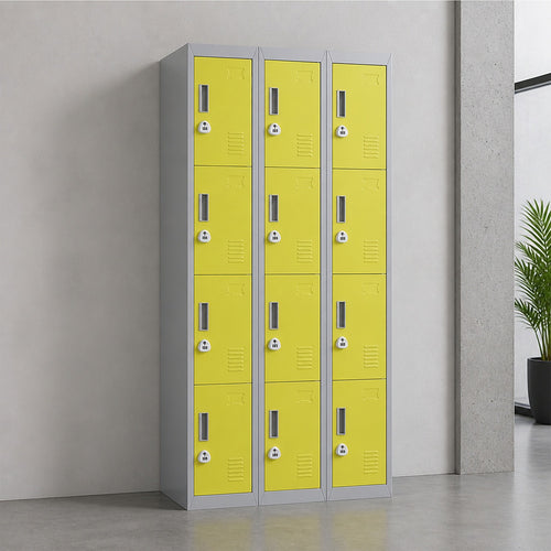 12-Door Steel Locker – Grey with Yellow Door, 3-Digit Combination Lock