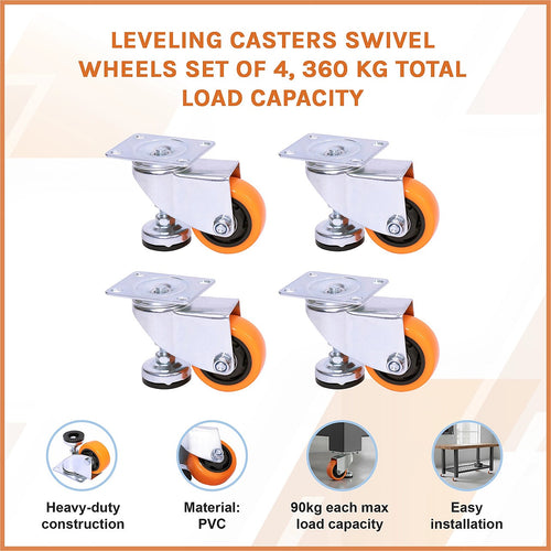Leveling Casters Swivel Wheels Set of 4, 360 kg Total Load Capacity