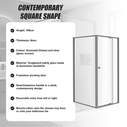 Semi-Frameless Shower Screen – Gunmetal, Front: (82~90)x195cm, Side: (89~92)x195cm