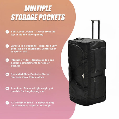 Large Black Wheeled Travel Duffle Bag – Rolling Luggage Trolley