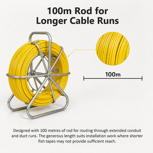 Duct Rodder 100m x 4.5mm Fibreglass Cable Puller with Steel Reel