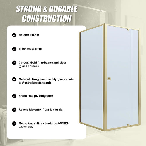 Adjustable Semi Frameless Shower Screen Front: (74~82)x195cm with Gold Hardware and Side: (77~80)x195cm