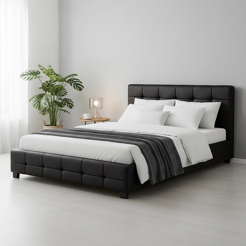 Queen Deluxe Black PU Leather Upholstered Bed Frame with Headboard & Slats
