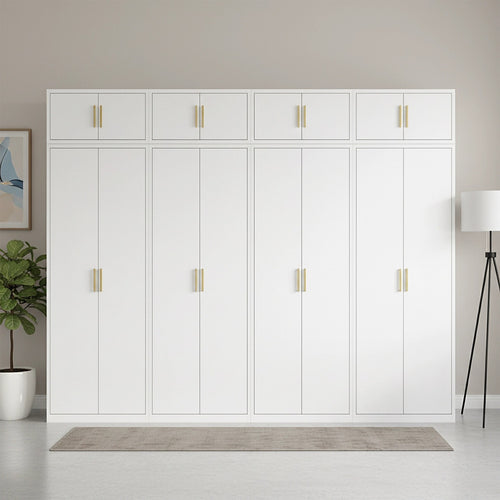320x240cm 8-Door White Steel 1 Hanging and 3 Shelf Wardrobe with Gold Handle Storage Cabinet