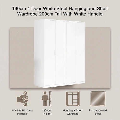 160x200cm 4-Door White Steel Hanging and Shelf Wardrobe with White Handle Storage Cabinet