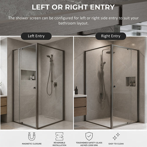 Semi-Frameless Shower Screen – Gunmetal, Front: (82~90)x195cm, Side: (89~92)x195cm