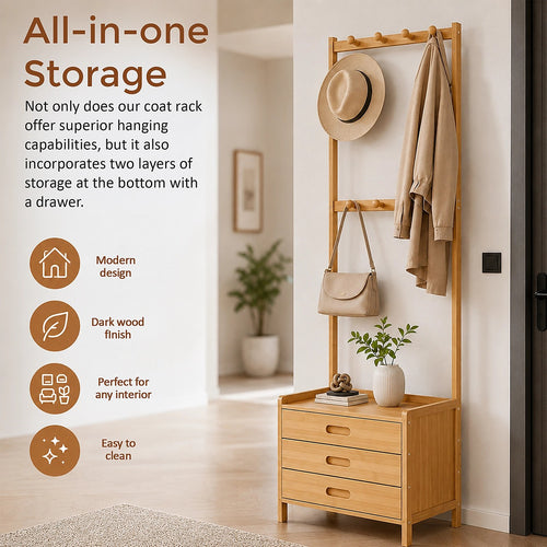 42x165cm Wooden Hall Stand with Drawer – Modern Minimalist Floor Coat Rack in Wood
