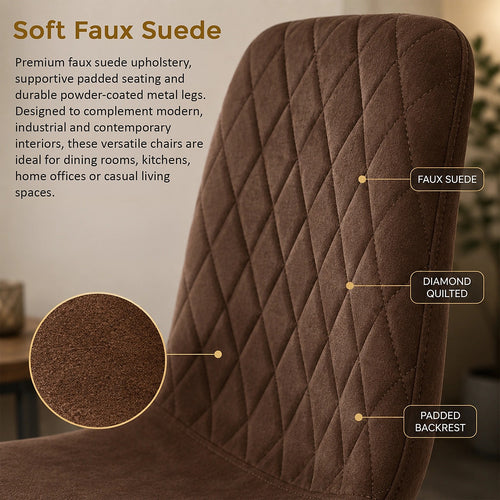 Dining Chair Set of 4 Faux Suede Upholstered Metal Legs Padded Kitchen Dining Chairs Suede Brown