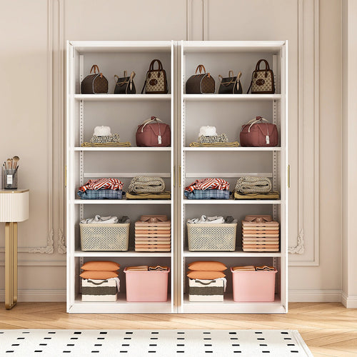 160x200cm 4-Door White Steel Shelf Wardrobe with Gold Handle Storage Cabinet