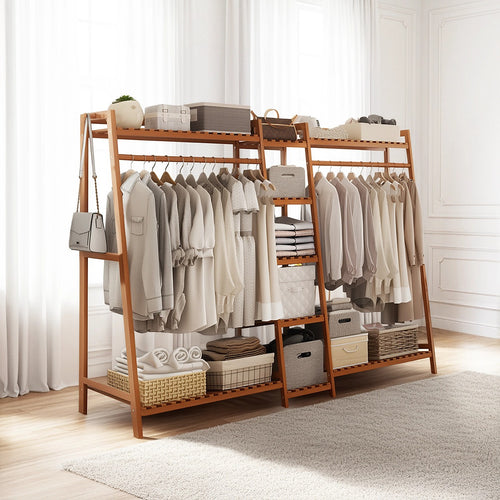 190cm Freestanding Bamboo Clothing Rack – Dark Wood Bedroom Rail