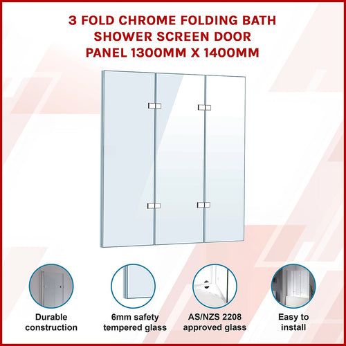 3 Fold CHROME Folding Bath Shower Screen Door Panel - 130 x 140cm