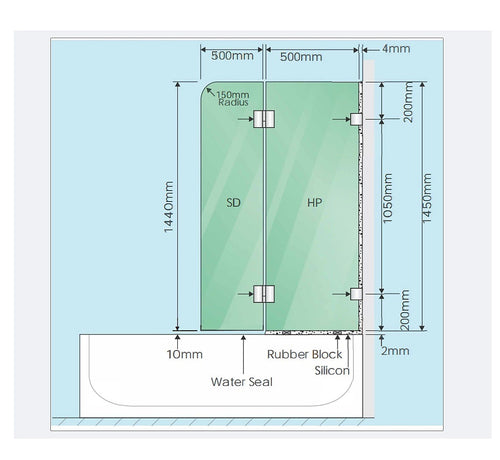 100cm Frameless Glass Bath Screen with Brass Brackets - Nickel