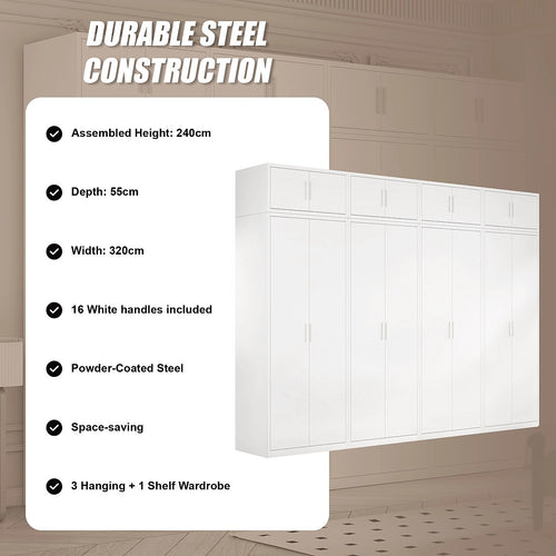 320x240cm 8-Door White Steel 3 Hanging and 1 Shelf Wardrobe with White Handle Storage Cabinet