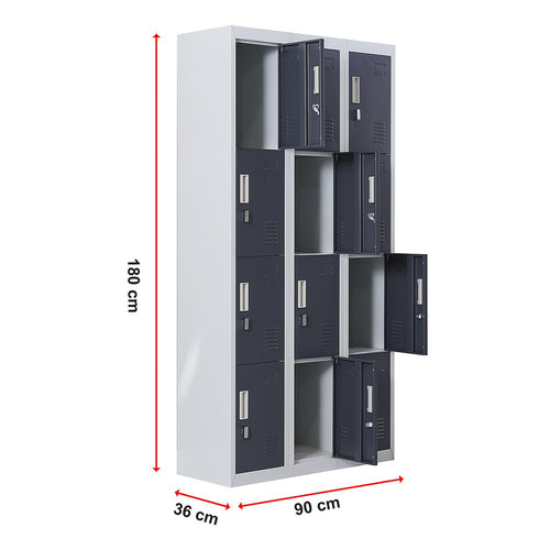 12-Door Locker – Grey with Charcoal Door with Padlock-operated | Secure Storage for Office, Gym or School Use