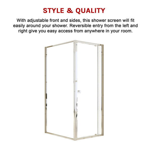 Adjustable Semi Frameless Shower Screen Front: (74~82)x195cm with Gold Hardware and Side: (98~101)x195cm