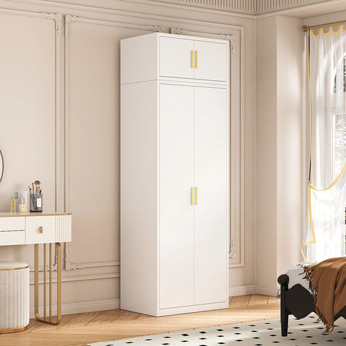 80x240cm 2-Door White Steel Shelf Wardrobe with Gold Handle Storage Cabinet