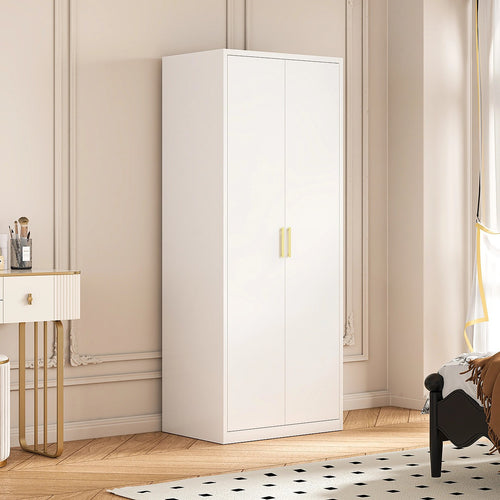80x200cm 2-Door White Steel Hanging Wardrobe with Gold Handle Storage Cabinet